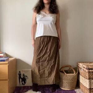 pleated green brown earthy tone maxi skirt boho fairy whimsy | size S